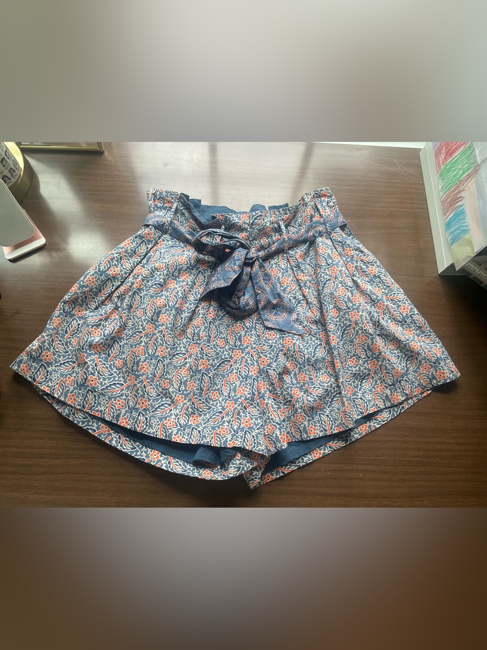 Roller Rabbit Blue Floral Tie-Waist Shorts with Coral Accents